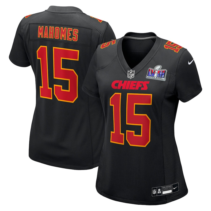 Patrick Mahomes 15 Kansas City Chiefs Super Bowl LVIII Fashion Game Women Jersey - Carbon Black JS2501 nicesnker