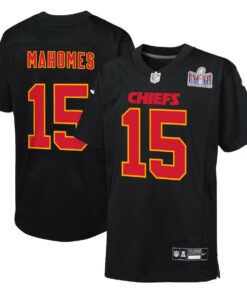 Patrick Mahomes 15 Kansas City Chiefs Super Bowl LVIII Patch Fashion Game YOUTH Jersey - Carbon Black JS9190 nicesnker