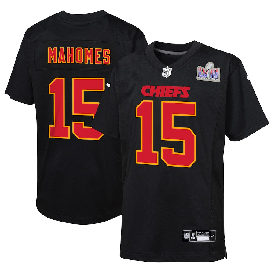 Patrick Mahomes 15 Kansas City Chiefs Super Bowl LVIII Patch Fashion Game YOUTH Jersey - Carbon Black JS9190 nicesnker
