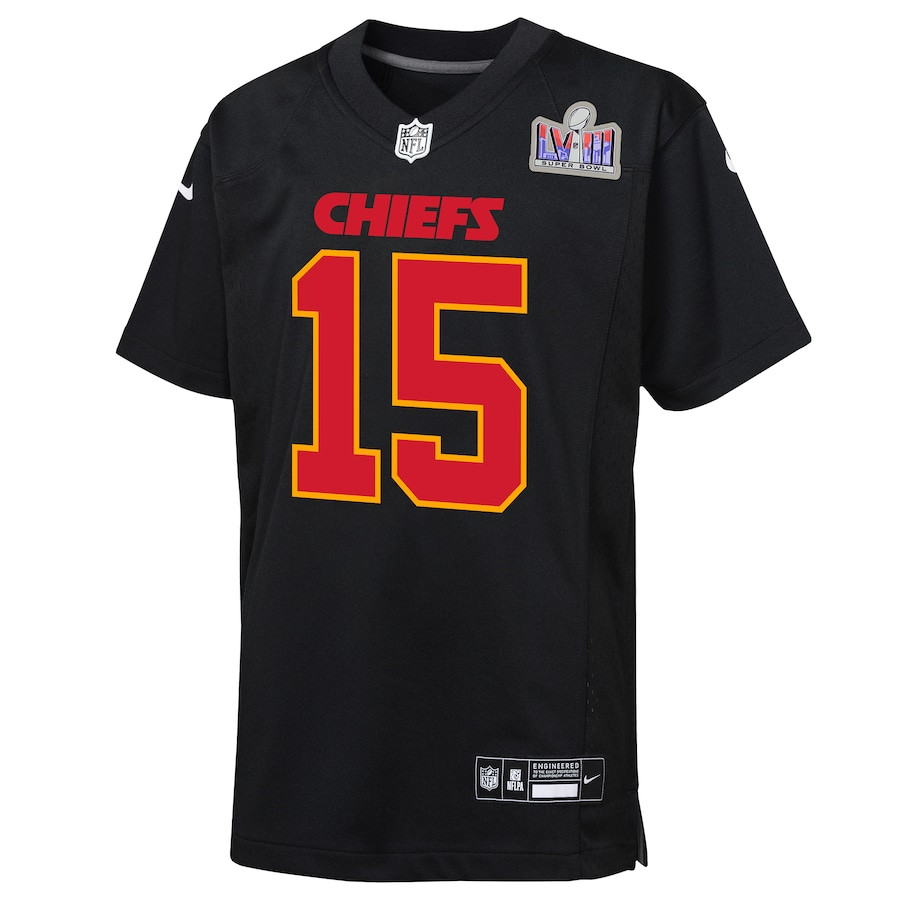Patrick Mahomes 15 Kansas City Chiefs Super Bowl LVIII Patch Fashion Game YOUTH Jersey - Carbon Black JS9190 nicesnker - Image 2