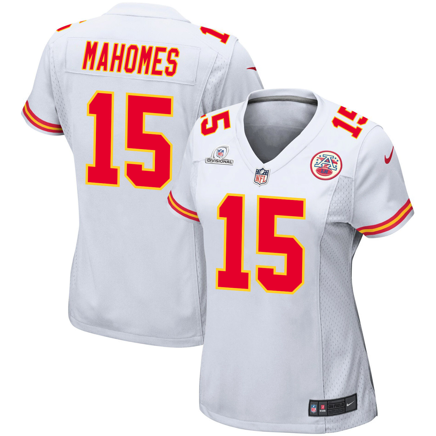 Patrick Mahomes 15 Kansas City Chiefs Super Bowl LVIII Patch Game Women Jersey - White JS3274 nicesnker