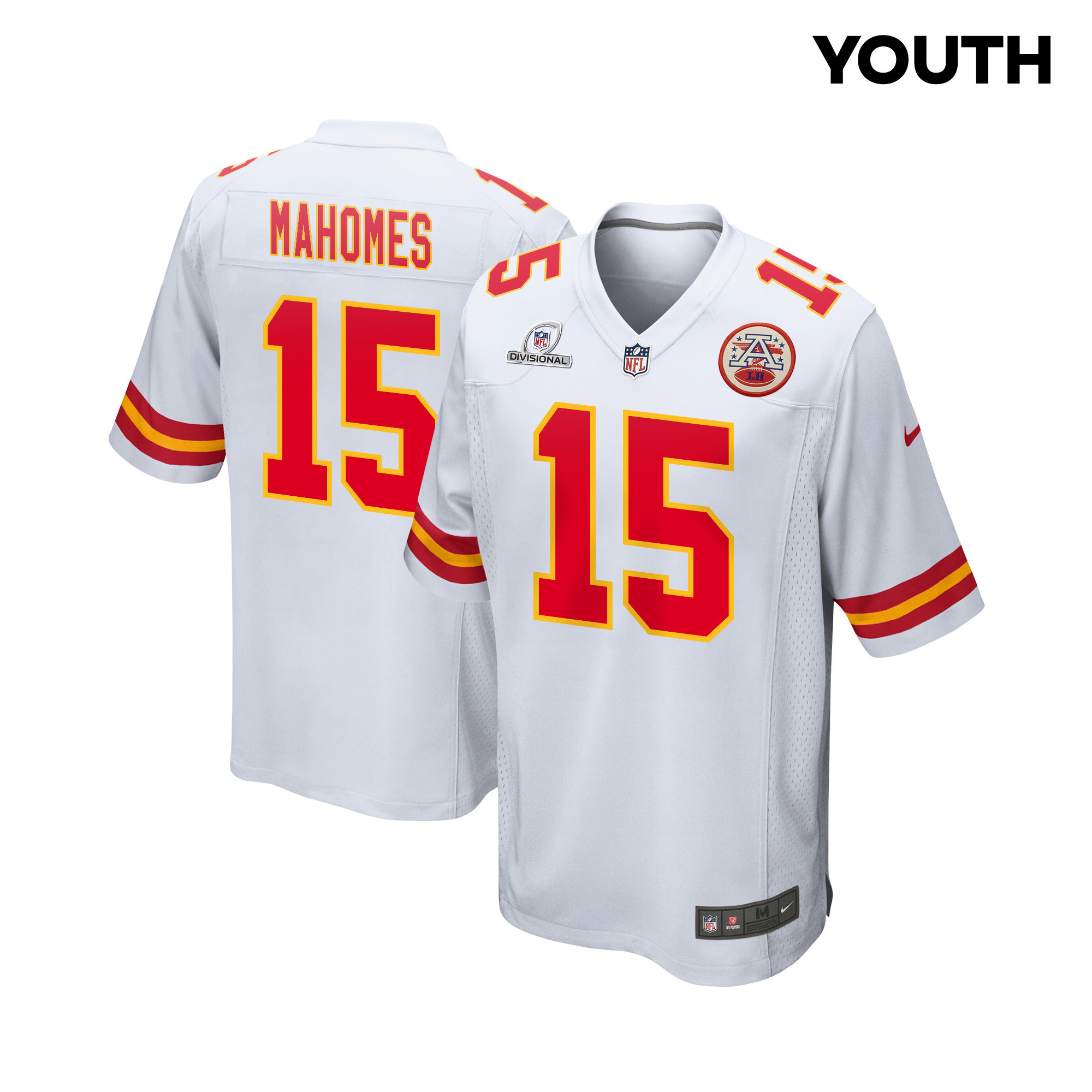 Patrick Mahomes 15 Kansas City Chiefs Super Bowl LVIII Patch Game YOUTH Jersey - White JS2743 nicesnker