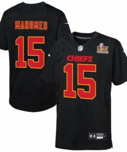 Patrick Mahomes 15 Kansas City Chiefs Youth Super Bowl LIX Patch Fashion Game Jersey - Carbon Black JS9536 nicesnker