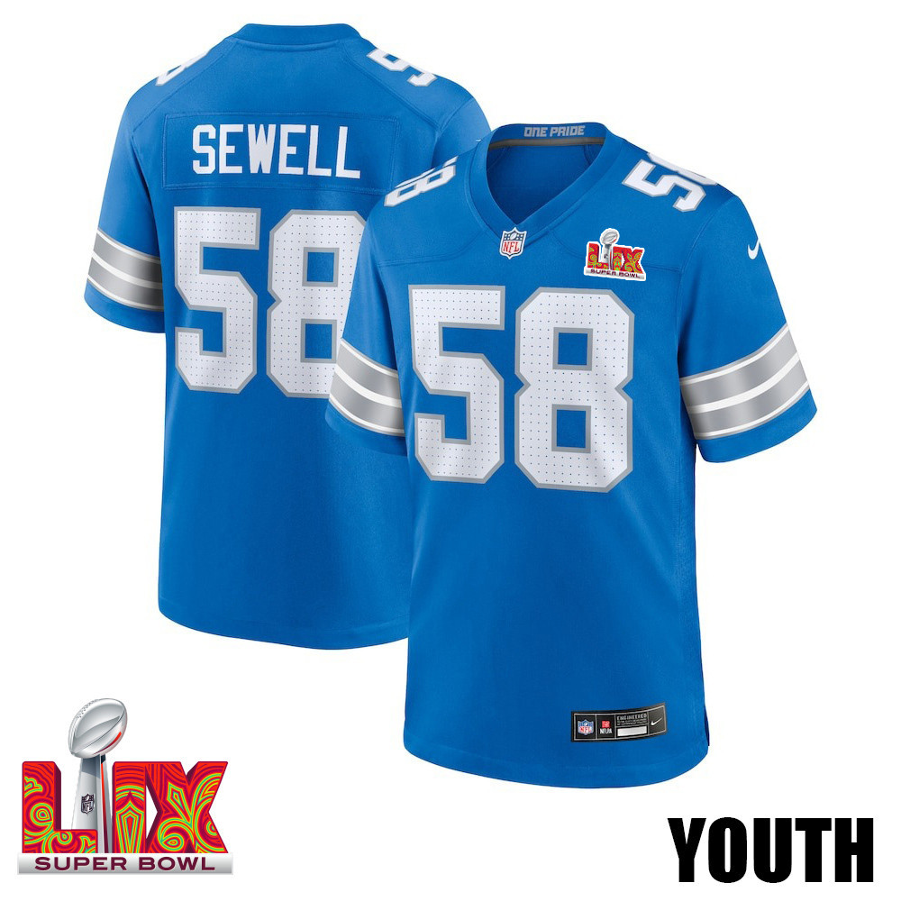 Penei Sewell #58 Detroit Lions Super Bowl LIX YOUTH Jersey - Blue JS8278 nicesnker