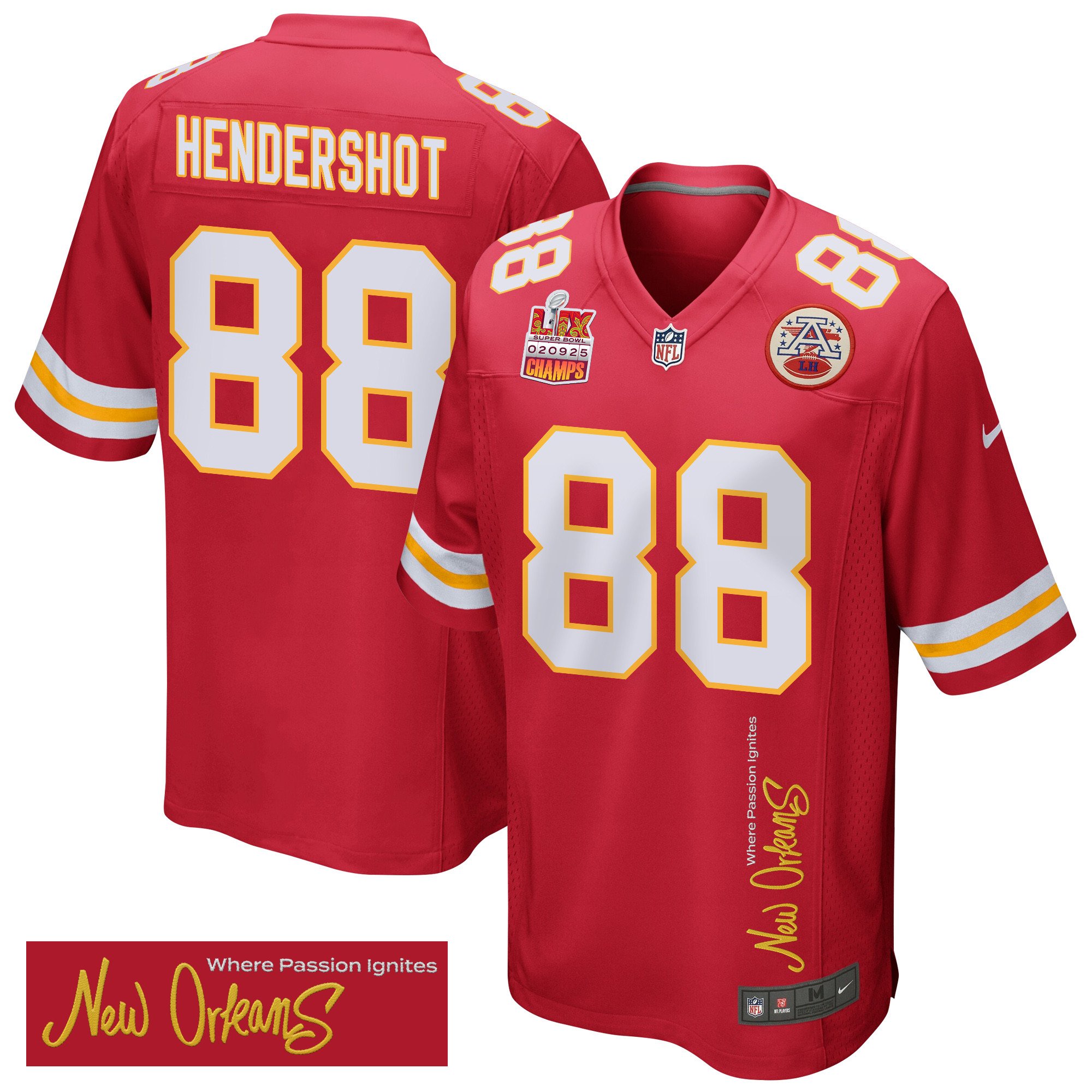 Peyton Hendershot 88 Kansas City Chiefs Super Bowl LIX Champions Patch 'New Orleans - Where Passion Ignites' EMBROIDERED Game Men Jersey - Red JS3688 nicesnker