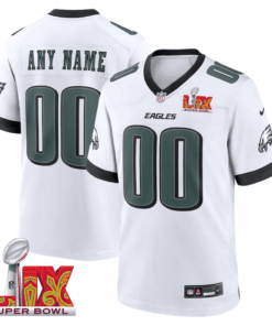 Philadelphia Eagles Super Bowl LIX Patch Game Men Custom Jersey - White JS2434 nicesnker