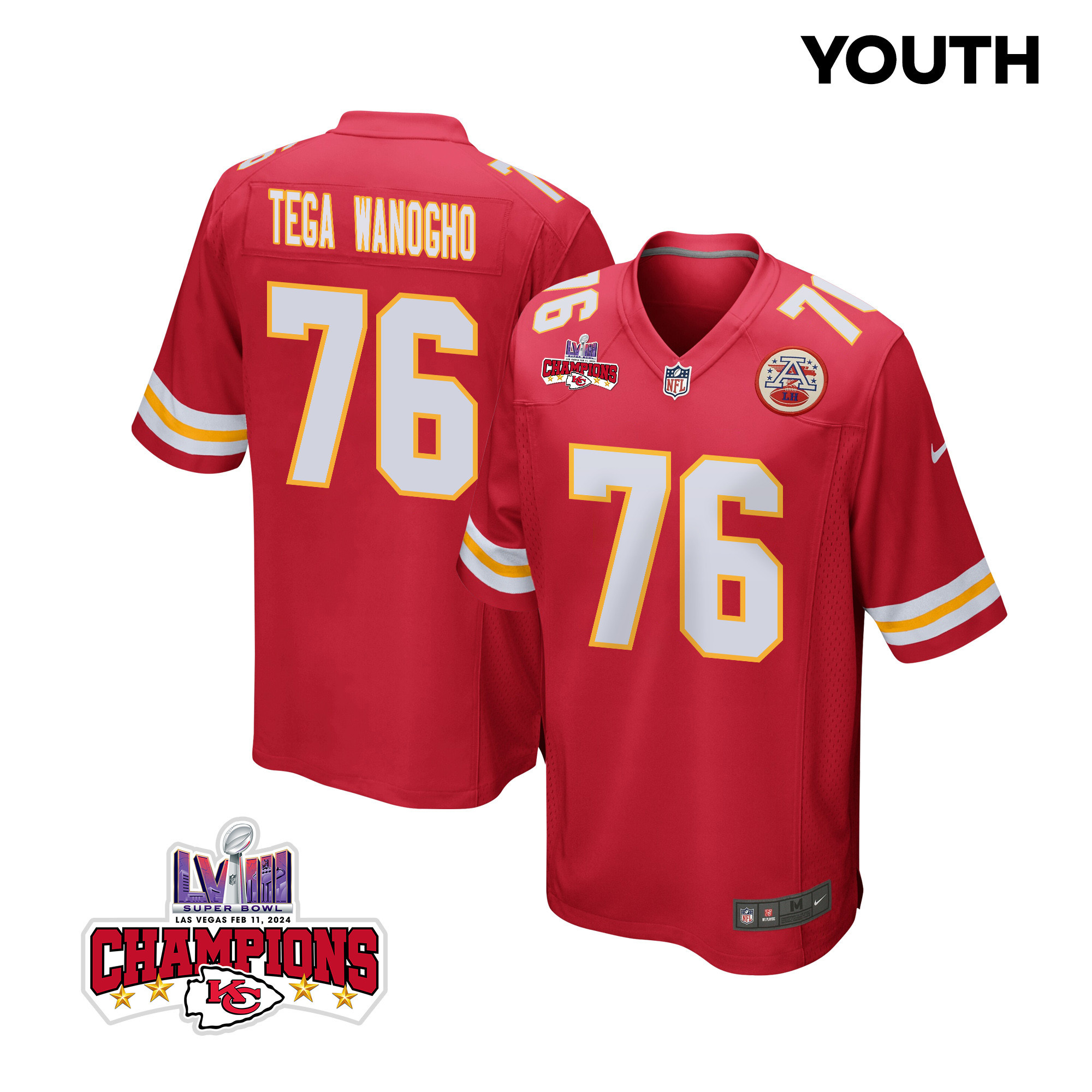 Prince Tega Wanogho 76 Kansas City Chiefs Super Bowl LVIII Champions 4 Stars Patch Game YOUTH Jersey - Red JS5964 nicesnker
