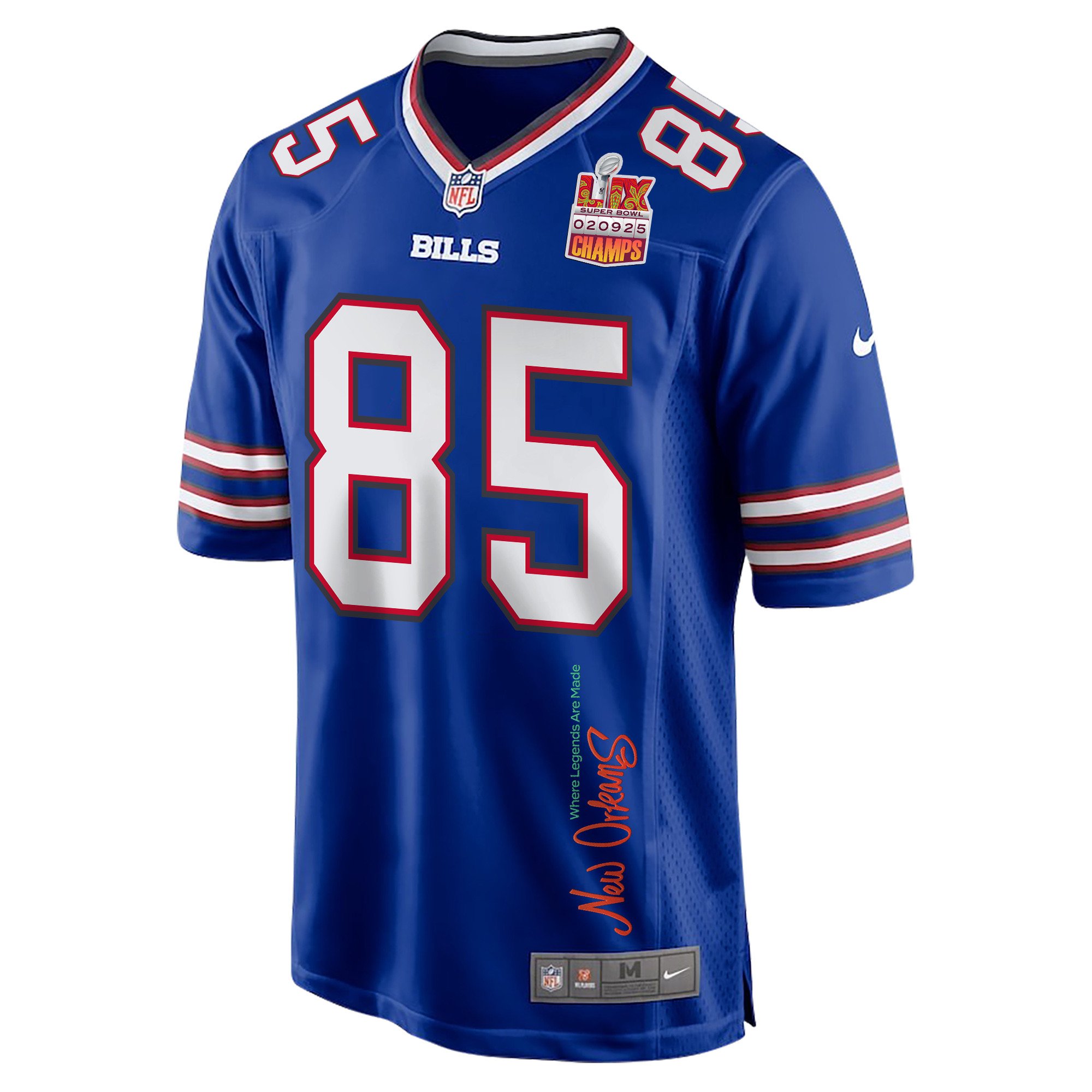 Quintin Morris 85 Buffalo Bills Super Bowl LIX Champions Patch 'New Orleans - Where Legends Are Made' EMBROIDERED Game Men Jersey - Royal JS9112 nicesnker - Image 3