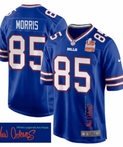 Quintin Morris 85 Buffalo Bills Super Bowl LIX Champions Patch 'New Orleans - Where Legends Are Made' EMBROIDERED Game Men Jersey - Royal JS9112 nicesnker