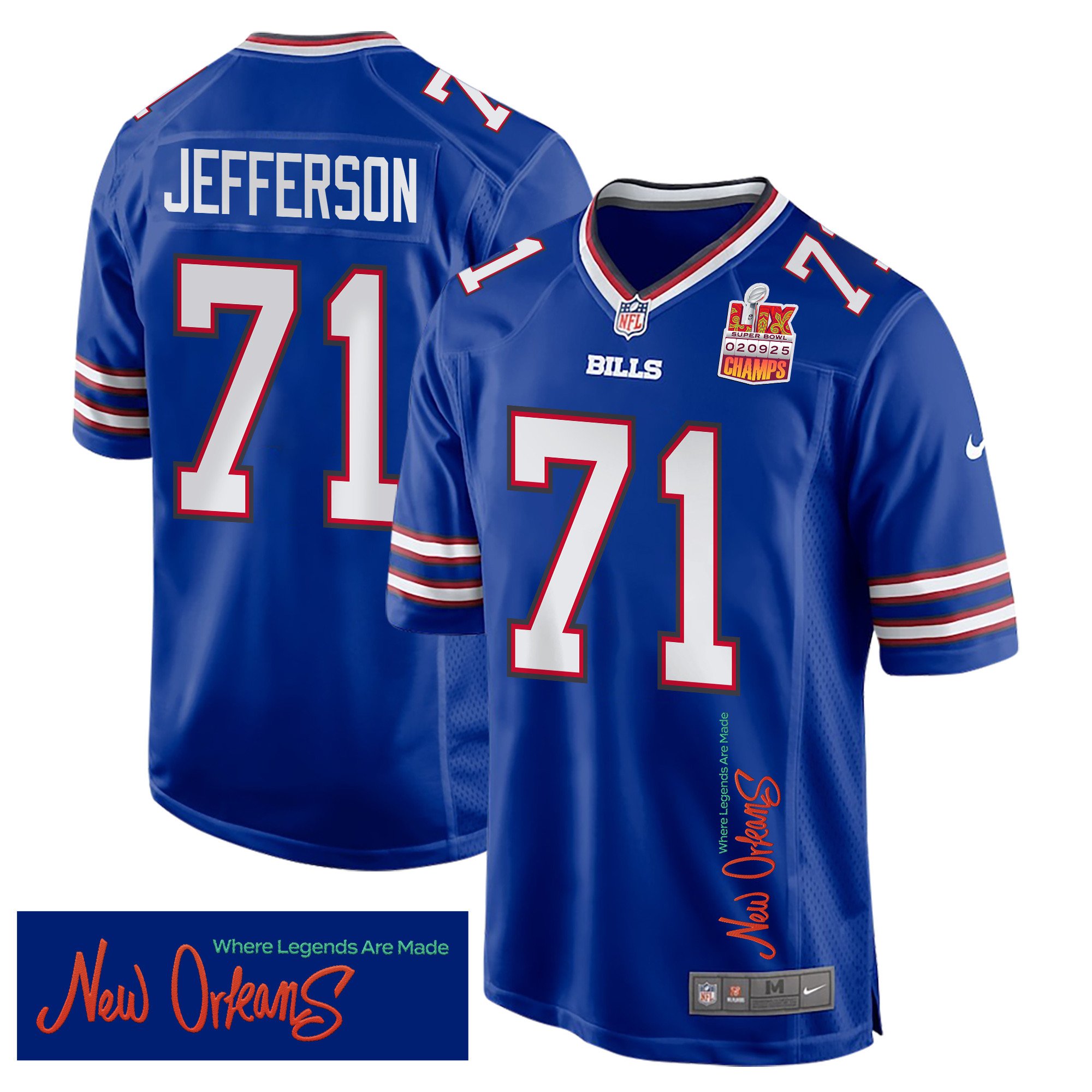Quinton Jefferson 71 Buffalo Bills Super Bowl LIX Champions Patch 'New Orleans - Where Legends Are Made' EMBROIDERED Game Men Jersey - Royal JS9196 nicesnker