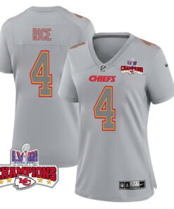 Rashee Rice 4 Kansas City Chiefs Super Bowl LVIII Champions 4 Stars Patch Atmosphere Fashion Game Women Jersey - Gray JS3468 nicesnker