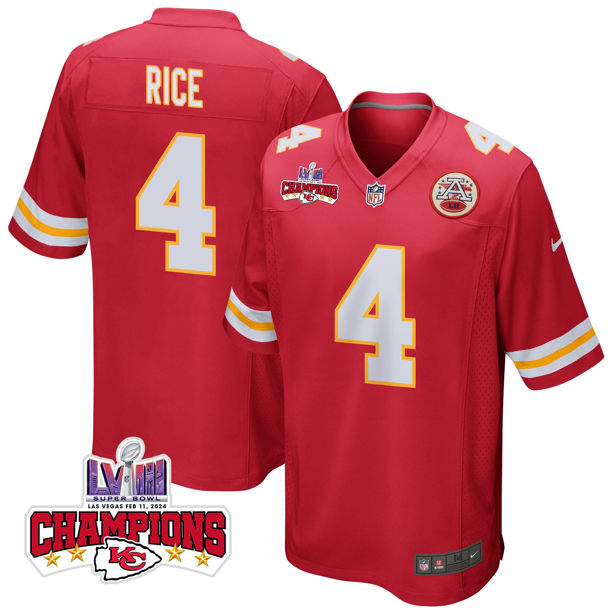 Rashee Rice 4 Kansas City Chiefs Super Bowl LVIII Champions 4 Stars Patch Game Men Jersey - Red JS2722 nicesnker