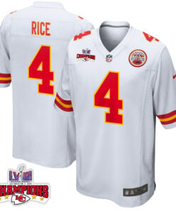 Rashee Rice 4 Kansas City Chiefs Super Bowl LVIII Champions 4 Stars Patch Game Men Jersey - White JS4347 nicesnker