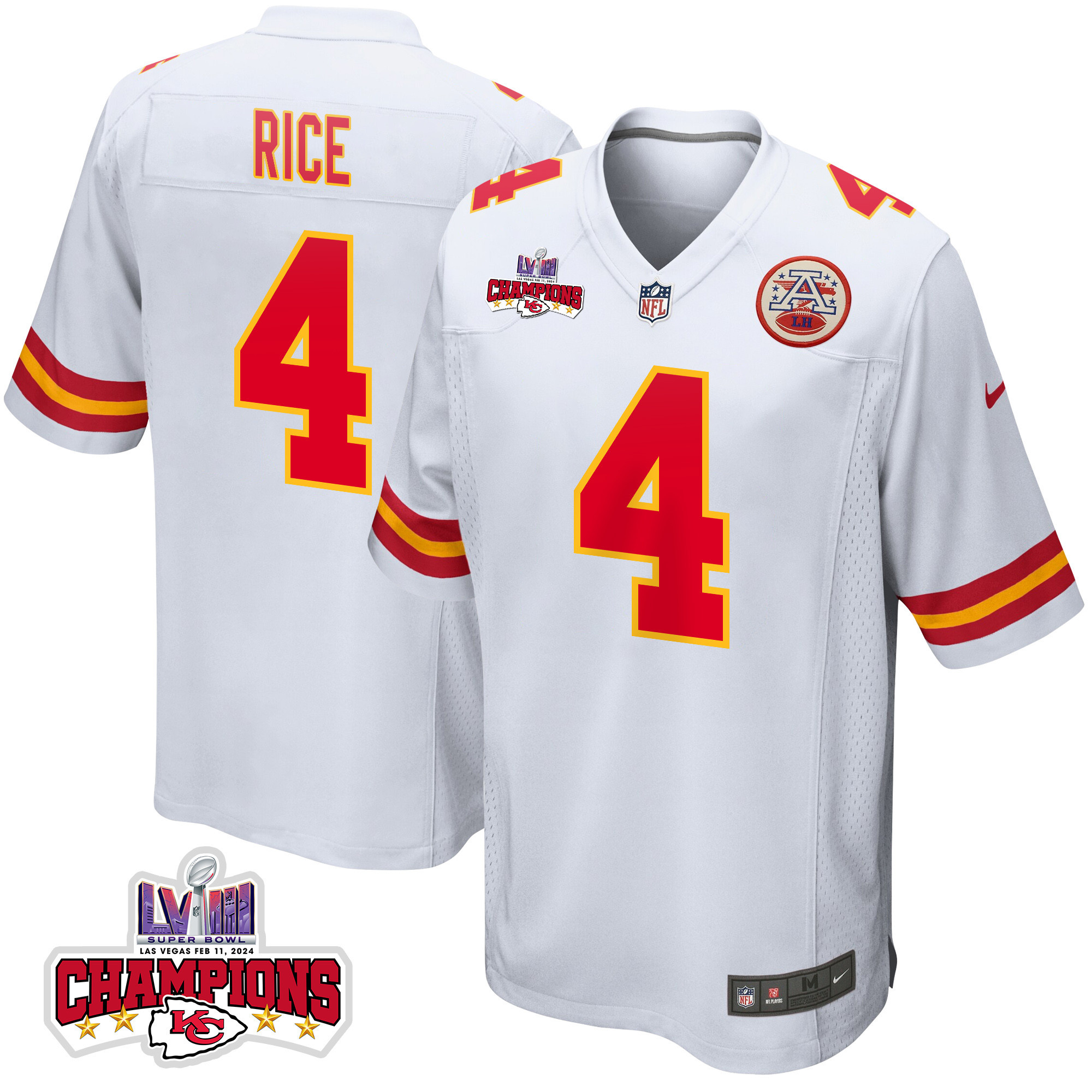 Rashee Rice 4 Kansas City Chiefs Super Bowl LVIII Champions 4 Stars Patch Game Men Jersey - White JS4347 nicesnker