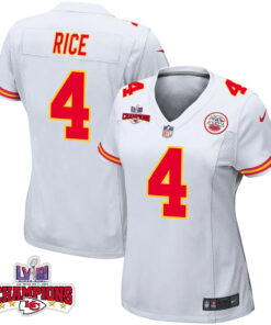 Rashee Rice 4 Kansas City Chiefs Super Bowl LVIII Champions 4 Stars Patch Game Women Jersey - White JS8640 nicesnker