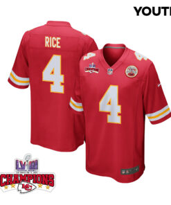 Rashee Rice 4 Kansas City Chiefs Super Bowl LVIII Champions 4 Stars Patch Game YOUTH Jersey - Red JS1288 nicesnker