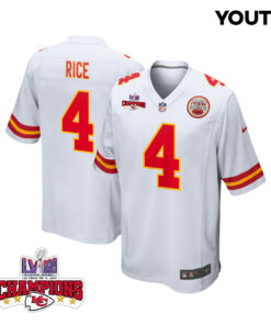 Rashee Rice 4 Kansas City Chiefs Super Bowl LVIII Champions 4 Stars Patch Game YOUTH Jersey - White JS3276 nicesnker