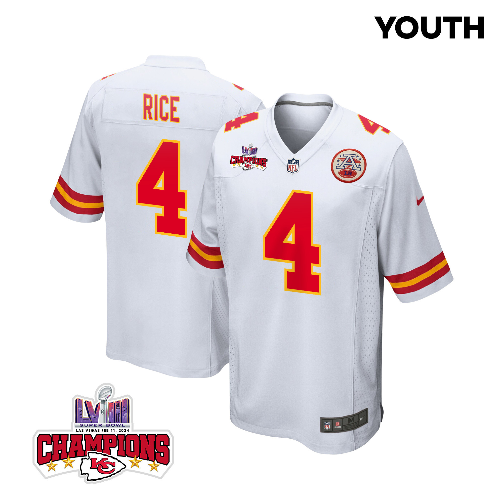 Rashee Rice 4 Kansas City Chiefs Super Bowl LVIII Champions 4 Stars Patch Game YOUTH Jersey - White JS3276 nicesnker