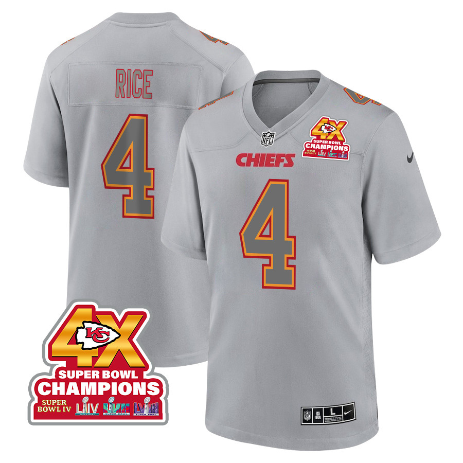Rashee Rice 4 Kansas City Chiefs Super Bowl LVIII Champions 4X Atmosphere Fashion Game Men Jersey - Gray JS3340 nicesnker