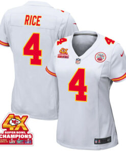 Rashee Rice 4 Kansas City Chiefs Super Bowl LVIII Champions 4X Game Women Jersey - White JS7263 nicesnker