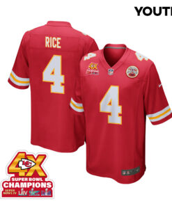 Rashee Rice 4 Kansas City Chiefs Super Bowl LVIII Champions 4X Game YOUTH Jersey - Red JS7166 nicesnker