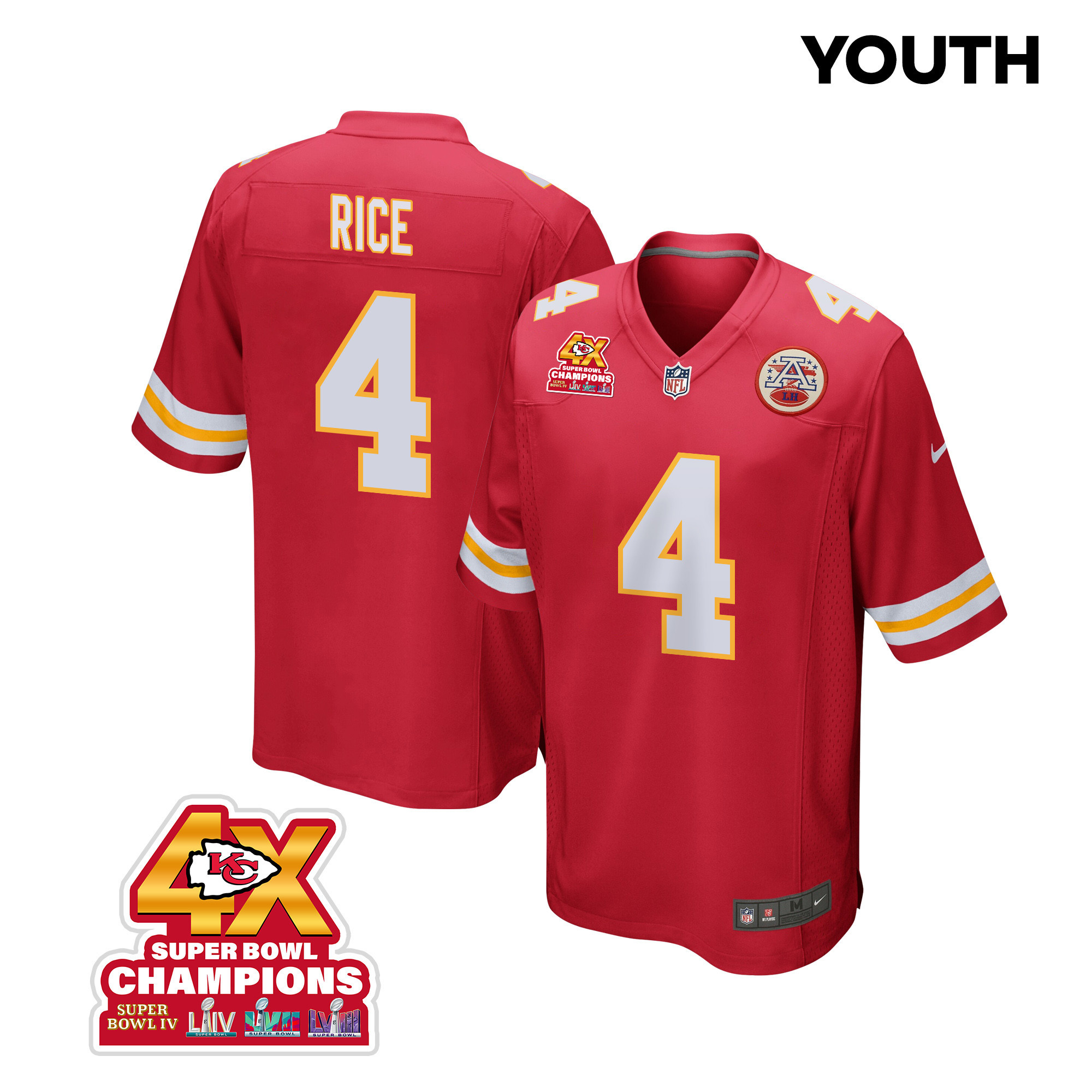 Rashee Rice 4 Kansas City Chiefs Super Bowl LVIII Champions 4X Game YOUTH Jersey - Red JS7166 nicesnker