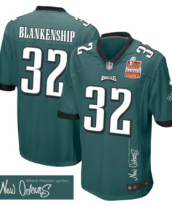 Reed Blankenship 32 Philadelphia Eagles Super Bowl LIX Champions Patch 'New Orleans - Where Passion Ignites' EMBROIDERED Game Men Jersey - Midnight Green JS4480 nicesnker