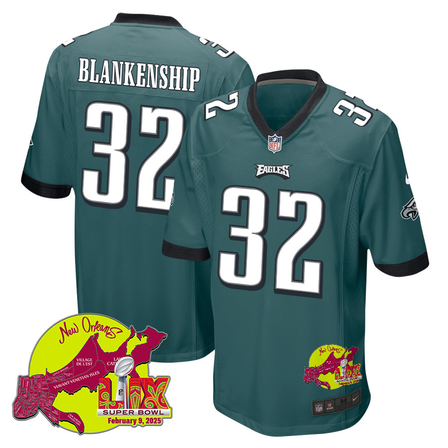 Reed Blankenship 32 Philadelphia Eagles Super Bowl LIX New Orleans Patch Game Men Jersey - Midnight Green JS2286 nicesnker