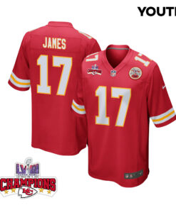Richie James 17 Kansas City Chiefs Super Bowl LVIII Champions 4 Stars Patch Game YOUTH Jersey - Red JS4146 nicesnker