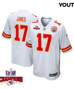 Richie James 17 Kansas City Chiefs Super Bowl LVIII Champions 4 Stars Patch Game YOUTH Jersey - White JS5277 nicesnker