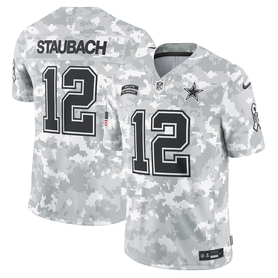 Roger Staubach 12 Dallas Cowboys 2024 Salute to Service Retired Player Limited Men Jersey - Arctic Camo JS8057 nicesnker