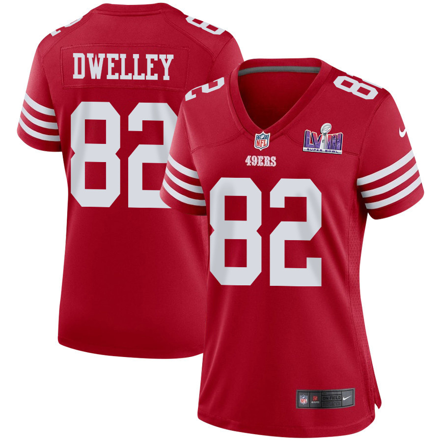 Ross Dwelley 82 San Francisco 49ers Super Bowl LVIII Patch Game Women Jersey - Scarlet JS2031 nicesnker