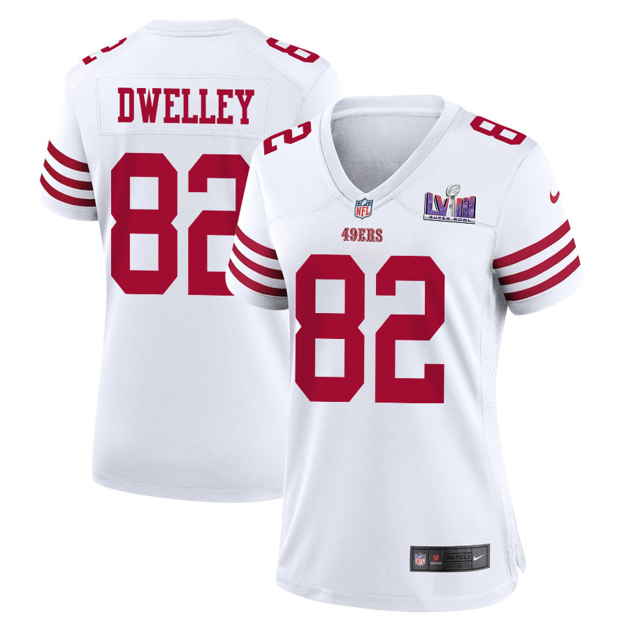 Ross Dwelley 82 San Francisco 49ers Super Bowl LVIII Patch Game Women Jersey - White JS1378 nicesnker