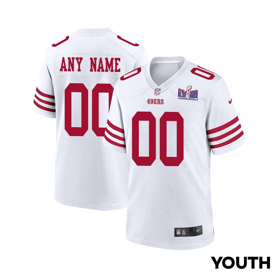 San Francisco 49ers Super Bowl LVIII Patch Game YOUTH Custom Jersey - White JS3080 nicesnker