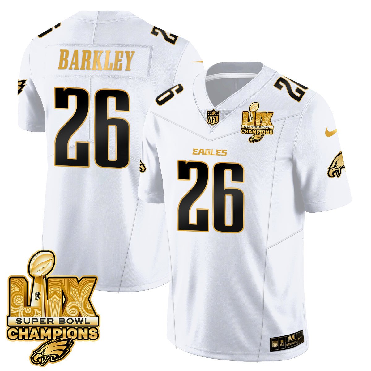 Saquon Barkley 26 Philadelphia Eagles Super Bowl LIX Champions Gold Vapor Limited Jersey - White Gold JS5813 nicesnker