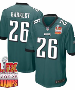 Saquon Barkley 26 Philadelphia Eagles Super Bowl LIX Champions Patch Game Men Jersey - Midnight Green JS2559 nicesnker