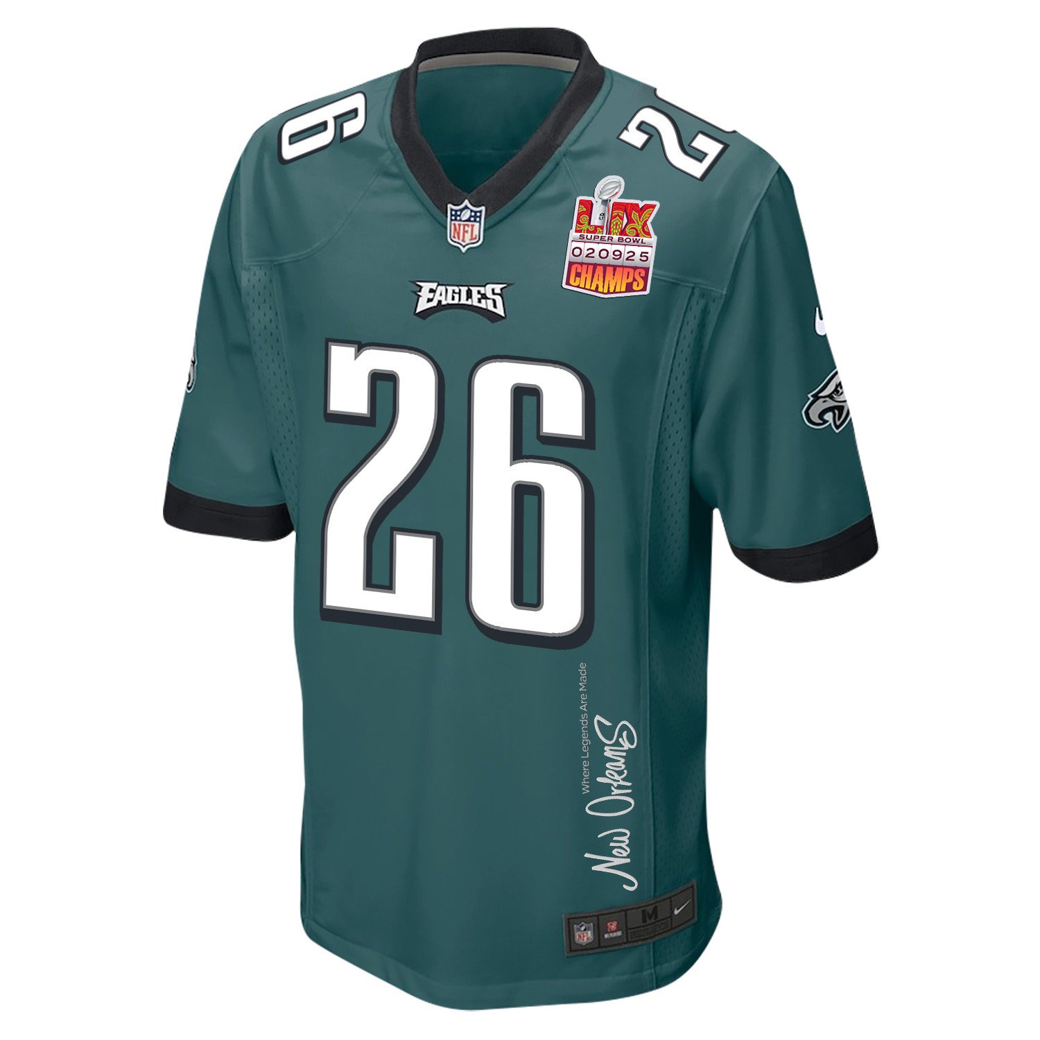 Saquon Barkley 26 Philadelphia Eagles Super Bowl LIX Champions Patch 'New Orleans - Where Legends Are Made' EMBROIDERED Game Men Jersey - Midnight Green JS1549 nicesnker - Image 3