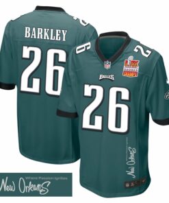 Saquon Barkley 26 Philadelphia Eagles Super Bowl LIX Champions Patch 'New Orleans - Where Passion Ignites' EMBROIDERED Game Men Jersey - Midnight Green JS6630 nicesnker