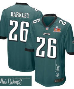 Saquon Barkley 26 Philadelphia Eagles Super Bowl LIX 'New Orleans - The Ultimate Showdown' EMBROIDERED Game Men Jersey - Midnight Green JS5744 nicesnker