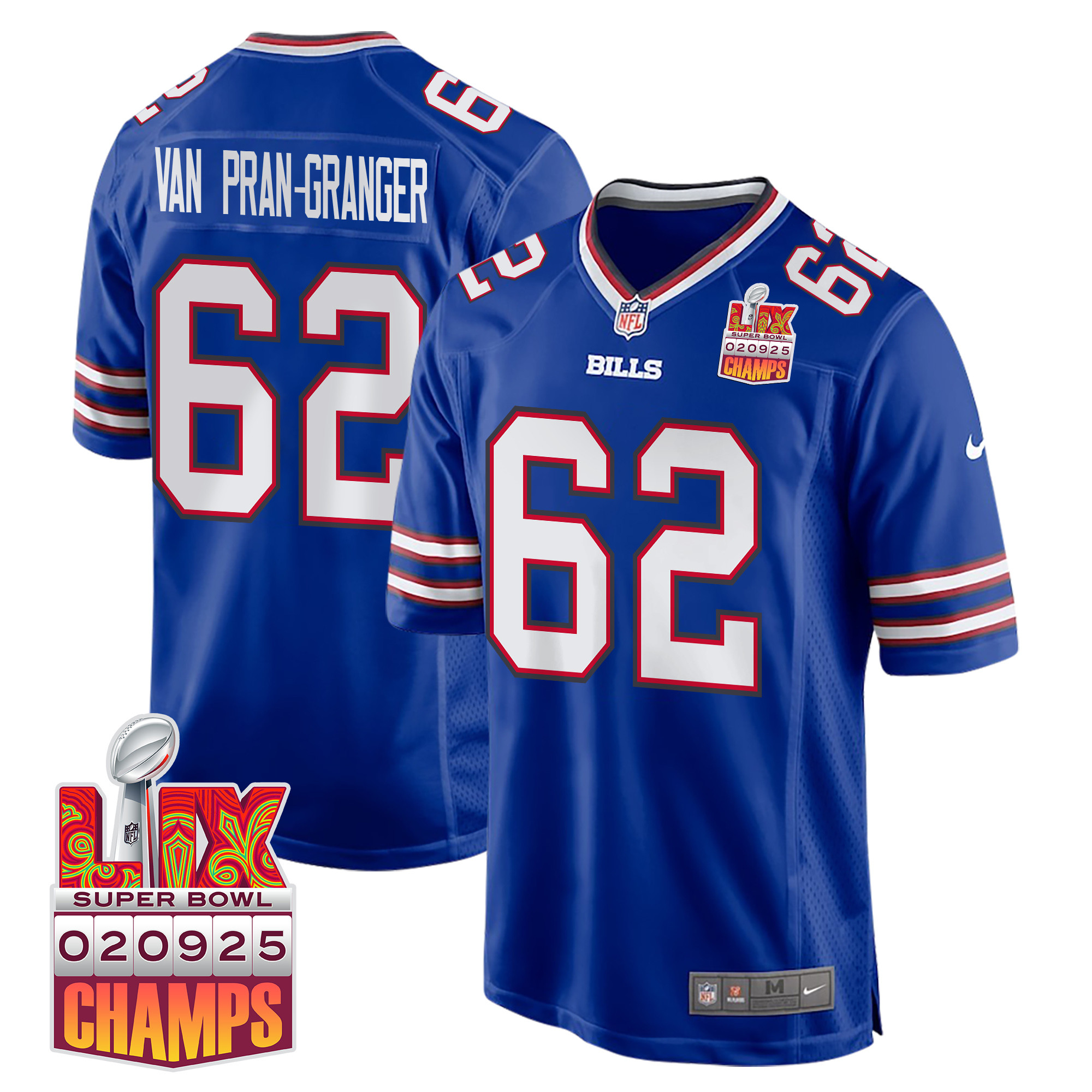 Sedrick Van Pran-Granger 62 Buffalo Bills Super Bowl LIX Champions Patch Game Men Jersey - Royal JS8970 nicesnker