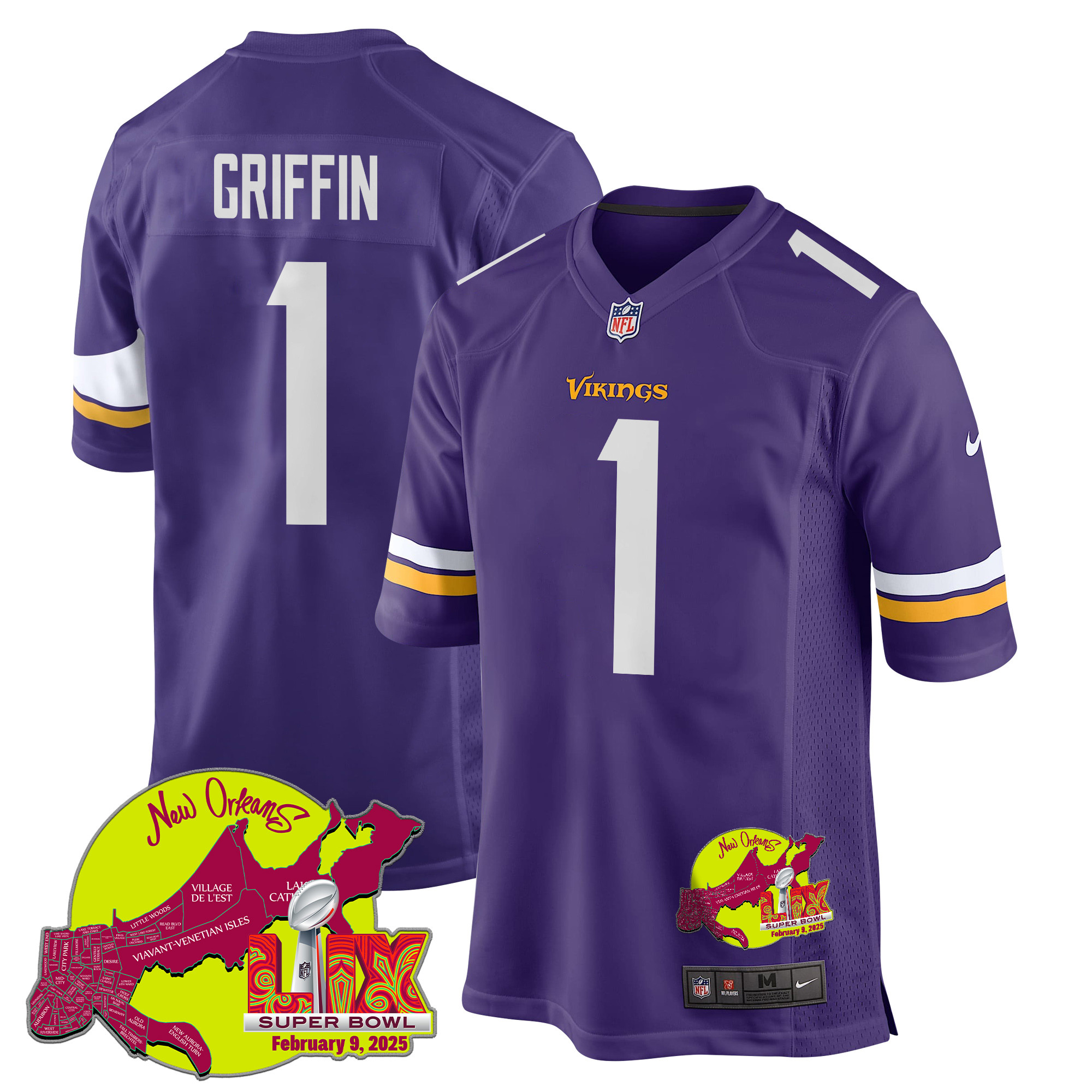 Shaq Griffin 1 Minnesota Vikings Super Bowl LIX New Orleans Patch Game Men Jersey - Purple JS9950 nicesnker