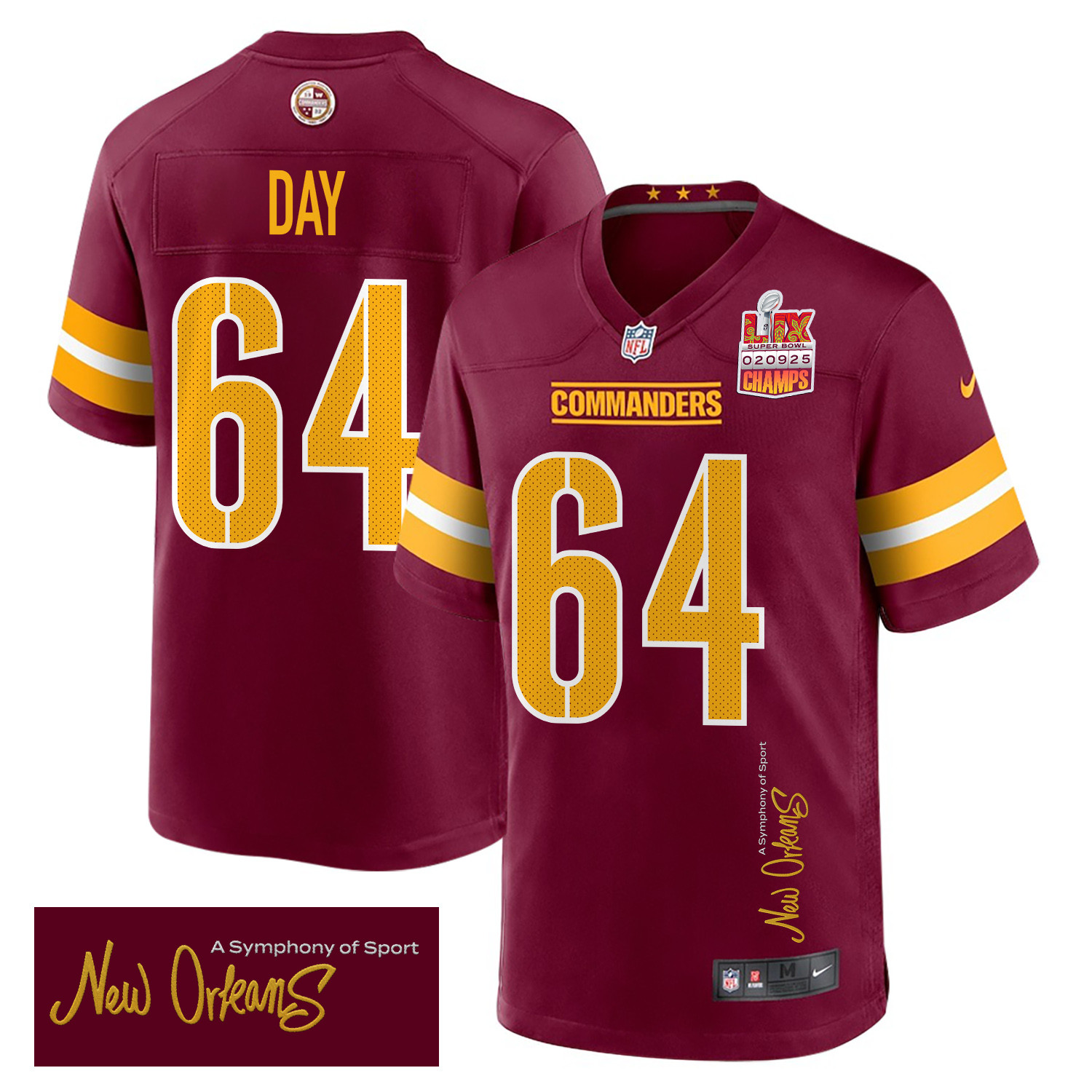 Sheldon Day 64 Washington Commanders Super Bowl LIX Champions Patch 'New Orleans - A Symphony of Sport' EMBROIDERED Game Men Jersey - Burgundy JS3755 nicesnker