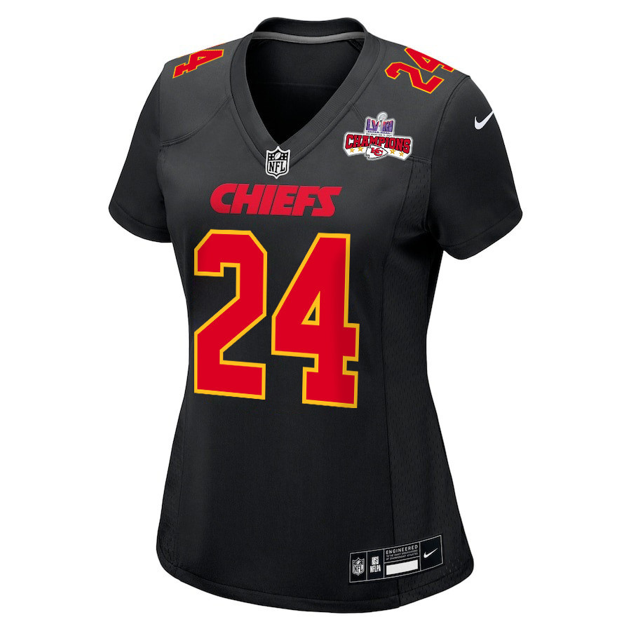 Skyy Moore 24 Kansas City Chiefs Super Bowl LVIII Champions 4 Stars Patch Fashion Game Women Jersey - Carbon Black JS9474 nicesnker - Image 2