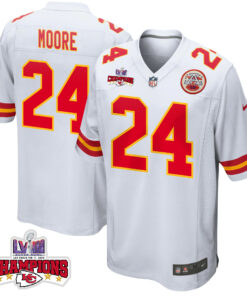 Skyy Moore 24 Kansas City Chiefs Super Bowl LVIII Champions 4 Stars Patch Game Men Jersey - White JS8702 nicesnker