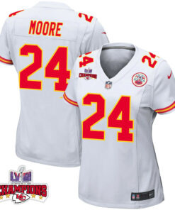 Skyy Moore 24 Kansas City Chiefs Super Bowl LVIII Champions 4 Stars Patch Game Women Jersey - White JS9632 nicesnker