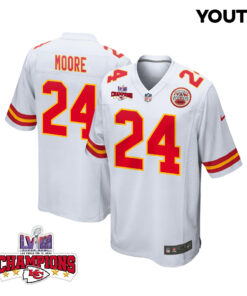 Skyy Moore 24 Kansas City Chiefs Super Bowl LVIII Champions 4 Stars Patch Game YOUTH Jersey - White JS6706 nicesnker