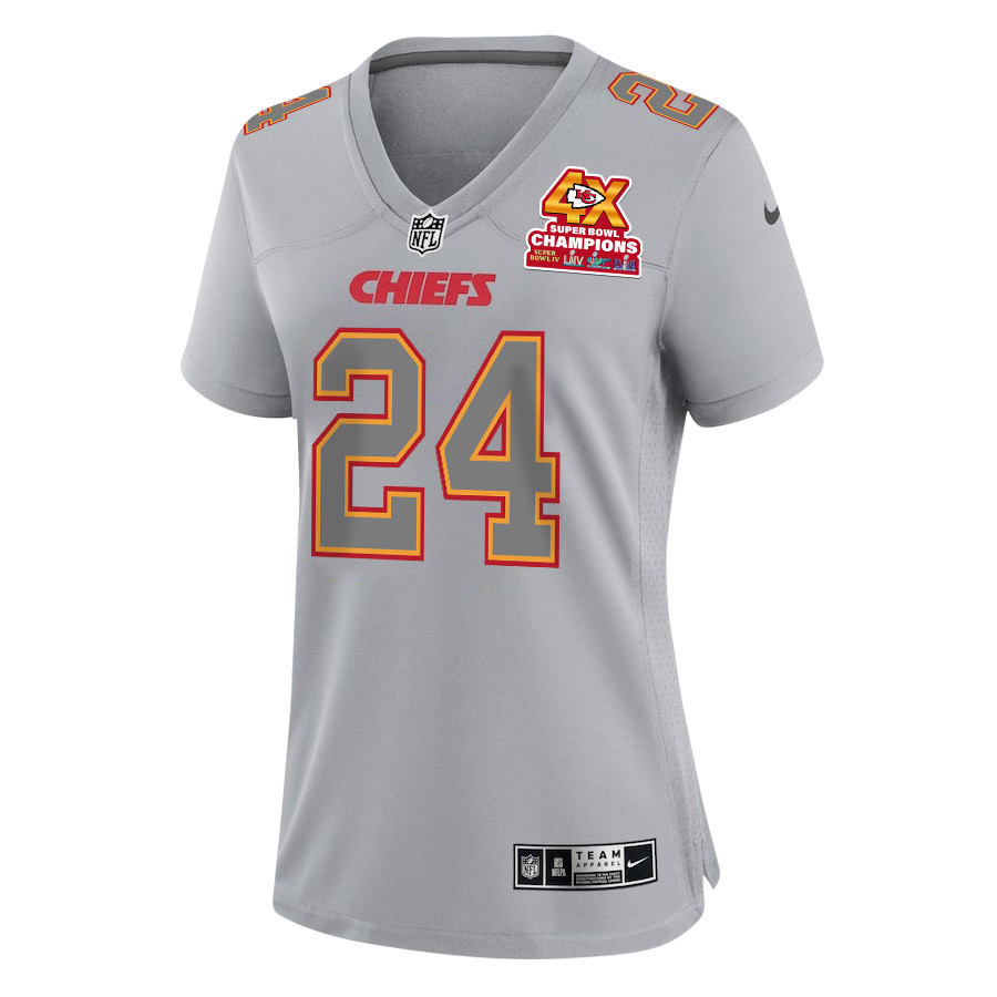 Skyy Moore 24 Kansas City Chiefs Super Bowl LVIII Champions 4X Atmosphere Fashion Game Women Jersey - Gray JS4793 nicesnker - Image 2