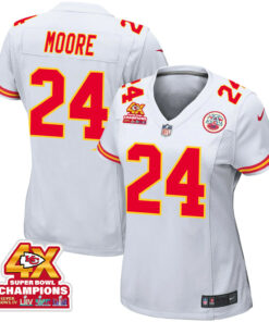 Skyy Moore 24 Kansas City Chiefs Super Bowl LVIII Champions 4X Game Women Jersey - White JS1189 nicesnker