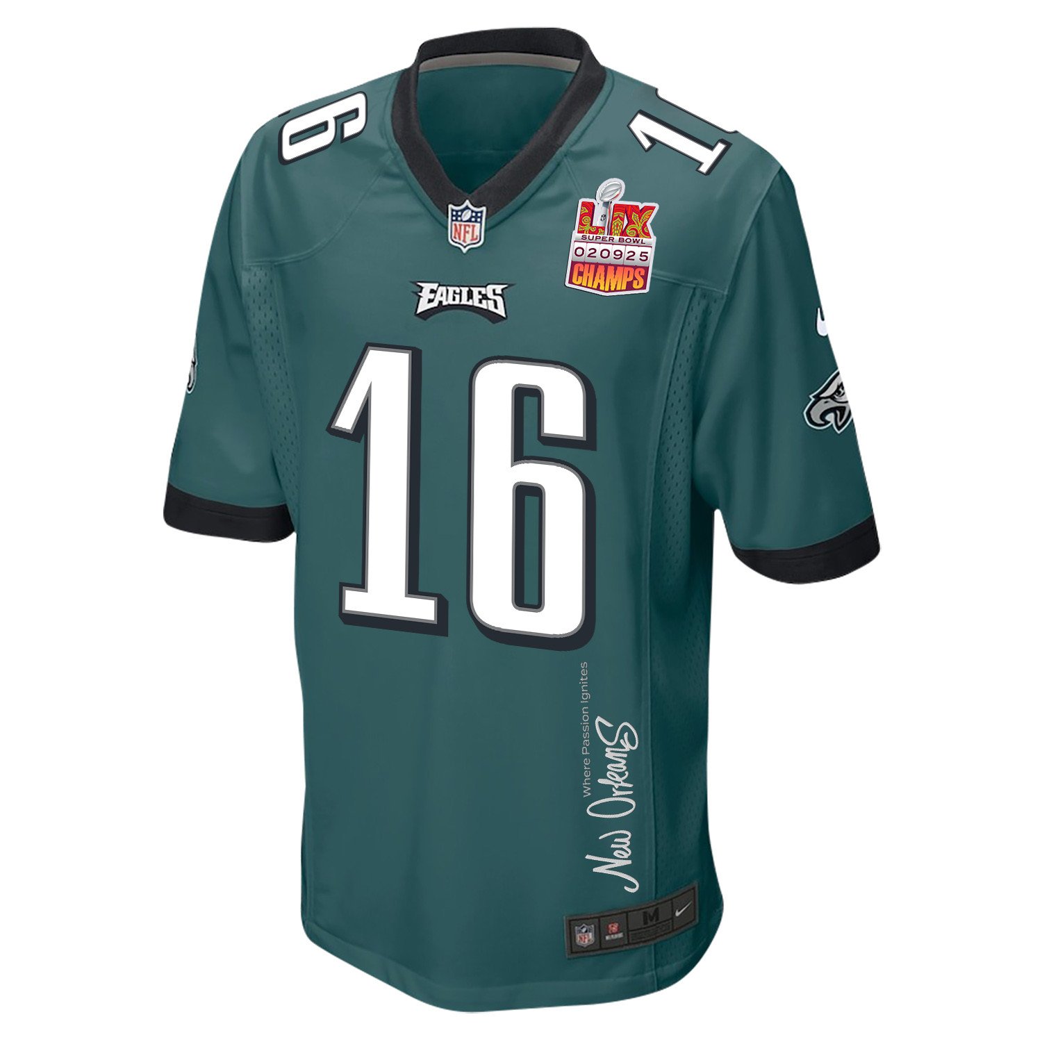 Tanner McKee 16 Philadelphia Eagles Super Bowl LIX Champions Patch 'New Orleans - Where Passion Ignites' EMBROIDERED Game Men Jersey - Midnight Green JS6751 nicesnker - Image 3