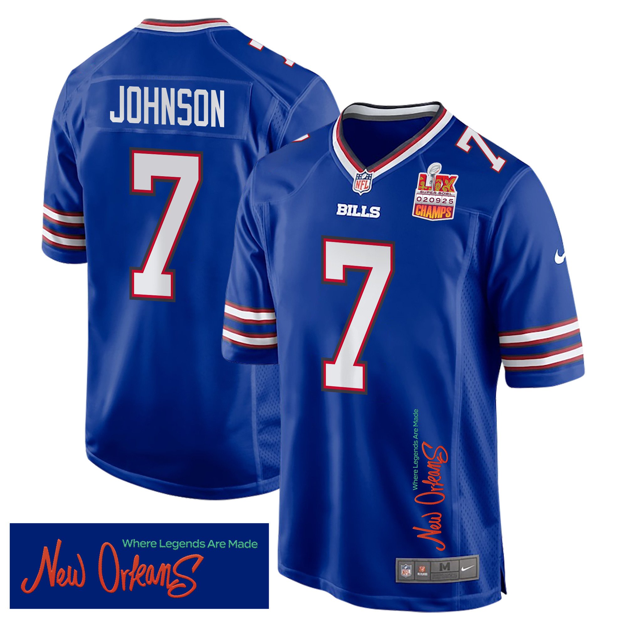 Taron Johnson 7 Buffalo Bills Super Bowl LIX Champions Patch 'New Orleans - Where Legends Are Made' EMBROIDERED Game Men Jersey - Royal JS1255 nicesnker